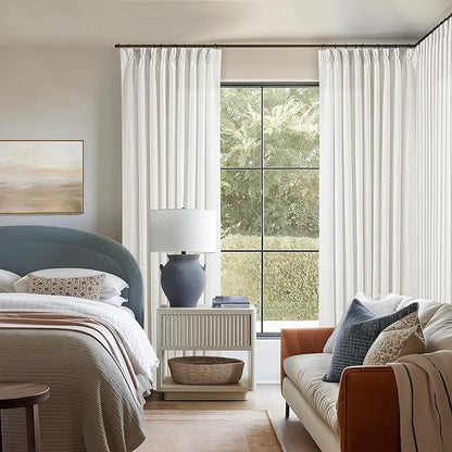Extra Wide Pinch Pleat Curtains 84 Inches Long for Patio Sliding Glass Door Ivory Linen 60 Inch Wide Curtain Memory Trained Pleated Drapes with Hooks Rings Semi Sheer 60x84 Curtain for Large Window