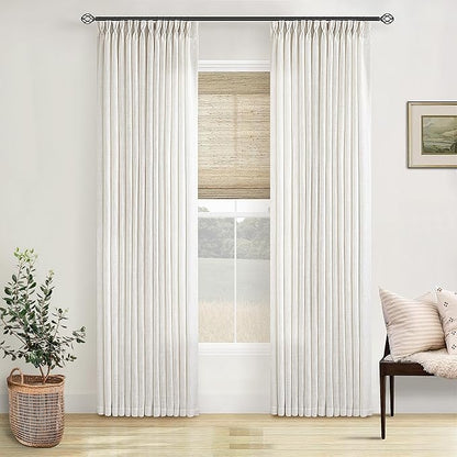 Neutral Pinch Pleated 86 Inch Curtains Semi Sheer Linen Blended Light Filtering Window Curtains 86 Inches Long for Living Room Bedroom Boho Cream Birch Pinch Pleat Drapes Rings Hooks 2 Panels Set