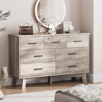 Dresser for Bedroom with 7 Drawer, Wood Modern Chest of Drawers with X-Shaped Sturdy Base, Wide Double Dresser Closet Clothes Storage Organizer, Wooden TV Stand for Living Room, Hallway, Grey