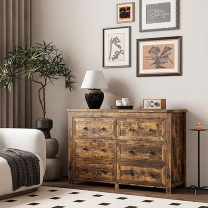 Dresser for Bedroom with 6 Drawers, Farmhouse Wood Chest of Drawers, Wide TV Stand Closet Storage Furniture with Metal Handle, Modern Clothes Organizer for Hallway, Living Room, Entryway, Brown