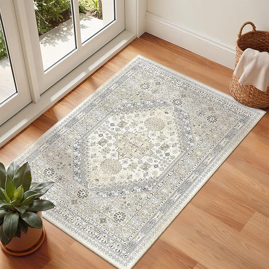 zesthome 2x3 Entryway Rug, Soft Washable Rugs, Non Slip Area Rug, Stain Resistant Low Pile Rugs for Bedroom, Vintage Rug for Door Mat, Kitchen (Beige,2'x3')