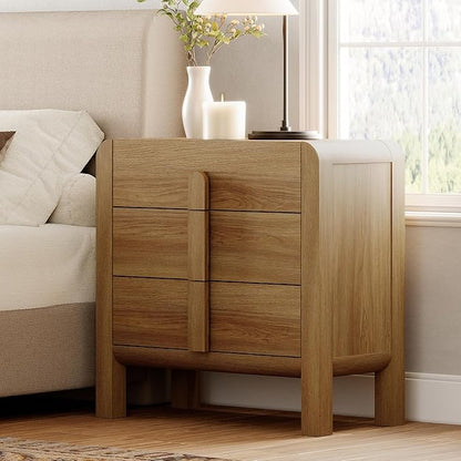 WAMPAT Modern 3 Drawer Nightstand, 31.5" Tall Nightstand with Large Chest of Drawers, Wooden Bedroom Dresser w/Curved Profile Design, End Table Bed Side Table for Bedroom, Living Room, Light Walnut