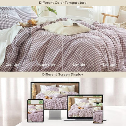 MooMee Gingham Duvet Cover Set 100% Washed Cotton Linen Like Textured Breathable Durable Soft Comfy Modern Checkered Design (Classic Gingham Light Purple, Oversized Full 82"x86")