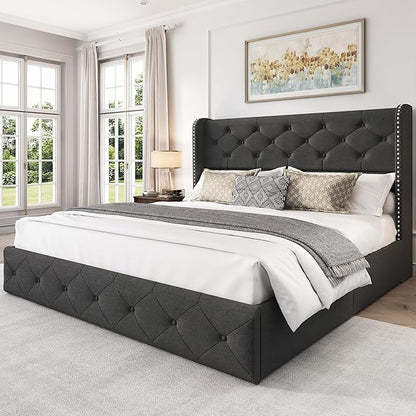LARMACE Full Size Bed Frame with 4 Storage Drawers and Wingback Headboard Linen Upholstered Platform Bed Frame Tufted Beds with Wooden Slats Support, Easy Assembly, Dark Grey