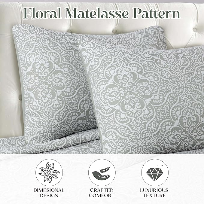 Superior 3 Piece Bedspread Set, Home Bed Decor, Decorative Bed Spread, 2 Pillow Shams, Medium Weight Blanket, Floral Matelasse Coverlet, Bedding Essentials, Enzy Collection, Full, Sage