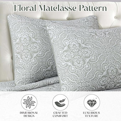 Superior 3 Piece Bedspread Set, Home Bed Decor, Decorative Bed Spread, 2 Pillow Shams, Medium Weight Blanket, Floral Matelasse Coverlet, Bedding Essentials, Enzy Collection, Full, Sage