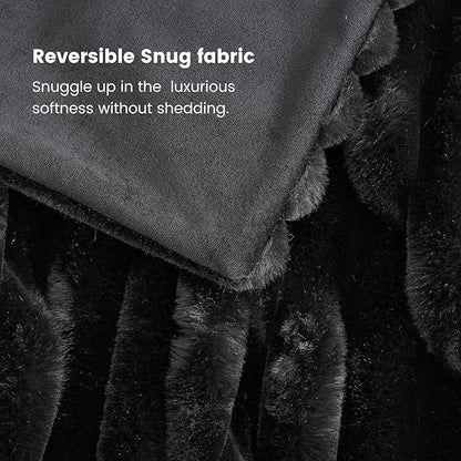 Cozy Bliss Faux Fur Throw Blanket for Couch, Cozy Warm Plush Striped Blanket for Sofa Bedroom Living Room, 90 * 90 Inches Black
