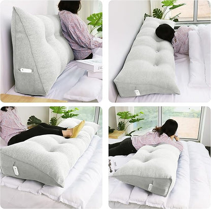 homecozy Wedge Headboard Pillow Dorm Room Reading Pillow Back Support for Sitting Up in Bed Bolster Lumbar Cushion Body Positioning Bedrest Cotton Linen 39in Grey-Beige Twin
