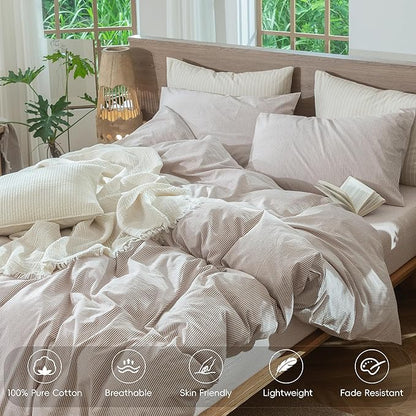 MooMee Striped Duvet Cover Set 100% Washed Cotton Linen Like Textured Breathable Durable Soft Comfy (Orange Pinstripes, Cal King 104"x98")
