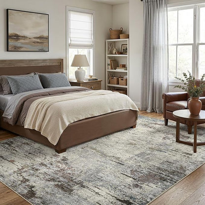 Area Rug Living Room Rugs - 9x12 Washable Large Soft Indoor Neutral Modern Abstract Low Pile Rug Carpet for Bedroom Dining Room Farmhouse Home Office - Brown Rust