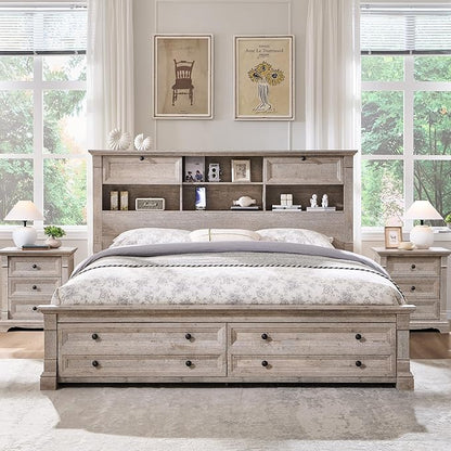 T4TREAM Farmhouse Queen Size Bed Frame with 54" Tall Storage Bookcase Headboard, Wood Platform Bed Frame with 18" Roman Column Decoration Footboard & 2 Drawers, No Box Spring Needed(Light Rustic Oak)