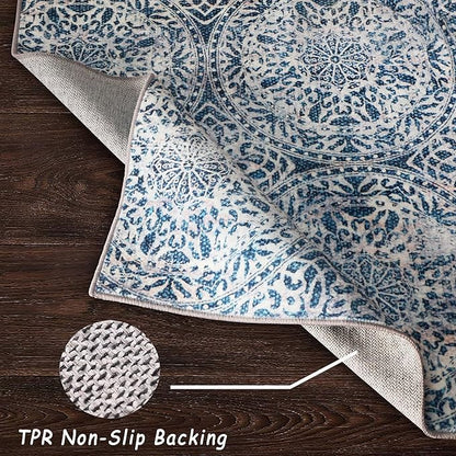 vivorug Runner Rug 2'x7' Machine Washable Non-Slip Runners for Hallways Kitchen Entryway Laundry Room Vintage Medallion Carpet Hallway Runner Blue