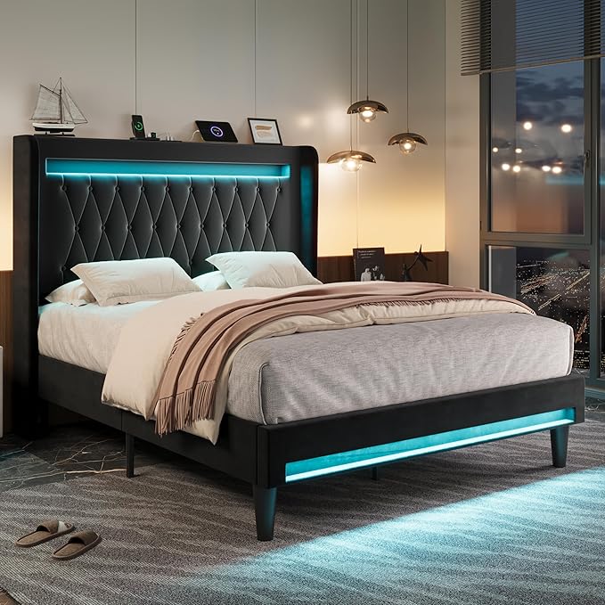 Allewie Upholstered Full Size Platform Bed Frame with LED Light and Charging Station, Button Tufted High Headboard, Wingback Design, Noise Free, Easy Assembly, No Box Spring Needed, Black