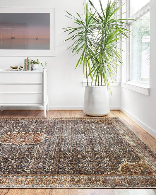 Loloi Layla Collection LAY-09 Cobalt Blue/Spice 7'-6" x 9'-6" .13" Thick Area Rug, Soft, Durable, Vintage Inspired, Distressed, Low Pile, Non-Shedding, Easy Clean, Printed, Living Room Rug