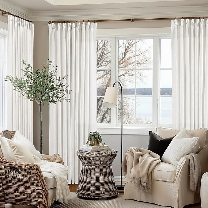 Beige White Pinch Pleated Linen Curtains 102 Inches Long 60 Inch Width Linen Blend Light Filtering Window Curtains 102 Inch for Living Room Bedroom Patio Pinch Pleat Drapes Hooks Rings 1 Panel 60x102
