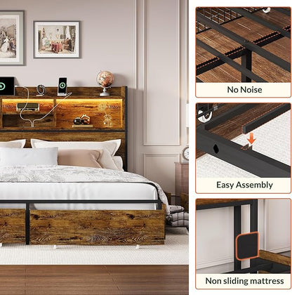 LARMACE Queen Size Bed Frame with 6 Storage Drawers and Headboard Wooden Platform Bed Frame with LED Lights and Charging Station Easy Assembly/No Box Spring Needed/Vintage Brown