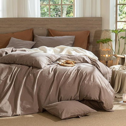 MooMee Wavy Striped Duvet Cover Set 100% Washed Cotton Linen Like Textured Breathable Durable Soft Comfy (Brown, Palatial King/Oversized King 120"x98")