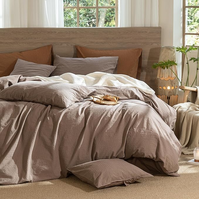 MooMee Wavy Striped Duvet Cover Set 100% Washed Cotton Linen Like Textured Breathable Durable Soft Comfy (Brown, Cal King 104"x98")