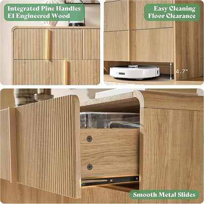 AMERLIFE 63" Fluted 7 Drawer Dresser, Wide Modern Chest of Storage Drawers with Pine Handles, Rounded Corners & Anti-Tip Design, Wood Closet Organizer for Bedroom, Living Room, Natural Oak