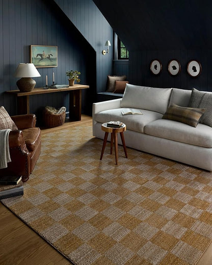 Loloi Chris Loves Julia Calvin Collection CLV-01 Apricot/Ivory 3'-6" x 5'-6" Accent Rug Checkered Neutral Soft Living Room Bedroom Carpet