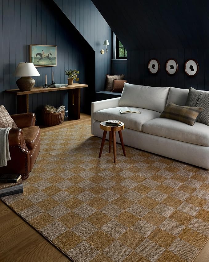 Loloi Chris Loves Julia Calvin Collection CLV-01 Apricot/Ivory 5'-3" x 7'-6" Area Rug Checkered Neutral Soft Living Room Bedroom Carpet