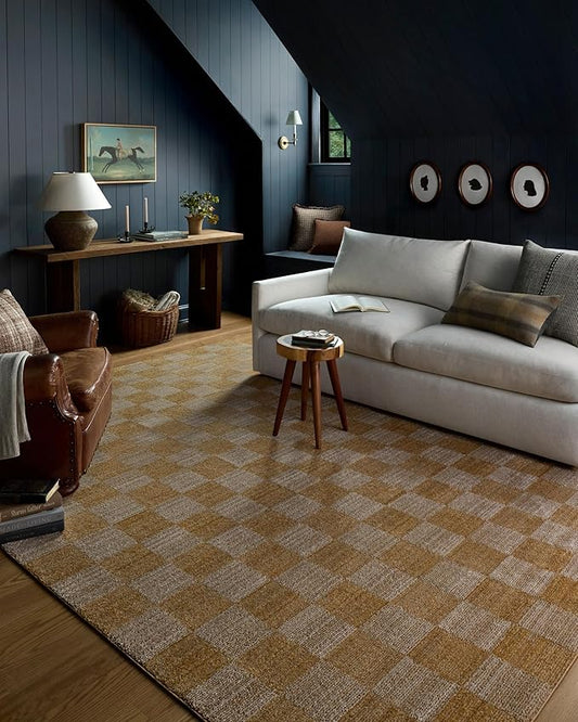 Loloi Chris Loves Julia Calvin Collection CLV-01 Apricot/Ivory 5'-3" x 5'-3" Round Area Rug Checkered Neutral Soft Living Room Bedroom Carpet