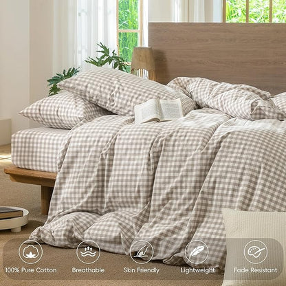 MooMee Gingham Duvet Cover Set 100% Washed Cotton Linen Like Textured Breathable Durable Soft Comfy Modern Checkered Design (Tannish Linen Grey Gingham, Super King 108"x98")