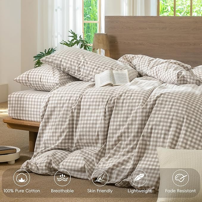 MooMee Gingham Duvet Cover Set 100% Washed Cotton Linen Like Textured Breathable Durable Soft Comfy Modern Checkered Design (Tannish Linen Grey Gingham, Oversized Queen 98"x98")