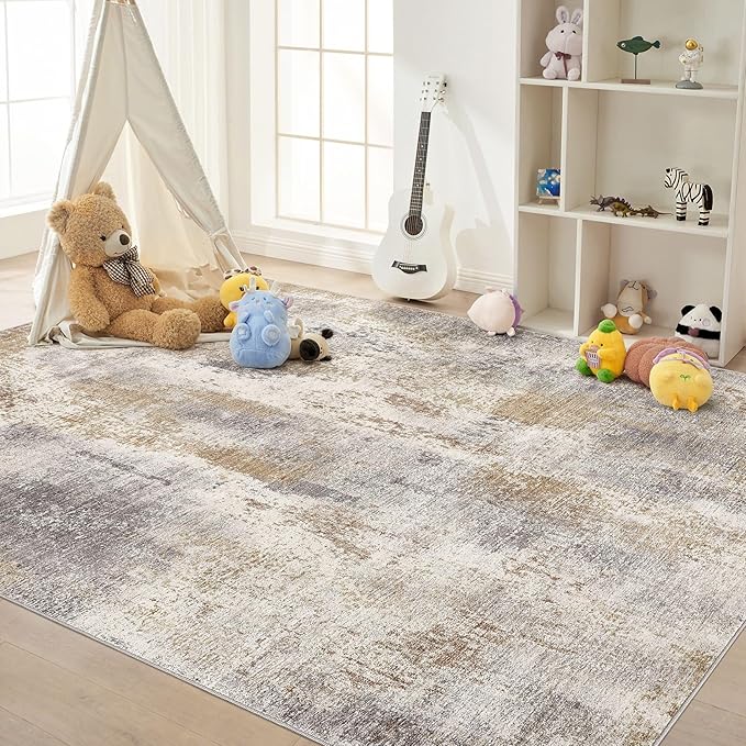 Area Rug Living Room Rugs - 5x7 Washable Soft Indoor Neutral Modern Abstract Low Pile Rug Carpet for Bedroom Dining Room Farmhouse Home Office - Brown Grey