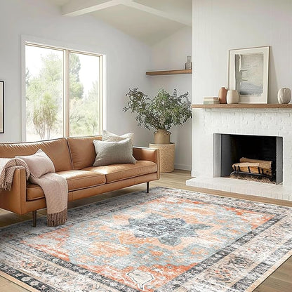 3x5 Rug, Small Area Rug for Living Room, Bedroom, Kitchen, Machine Washable Non-Slip Throw Rug, Vintage Distressed Floral Carpet for Entryway Nursery Dinner Room, Orange