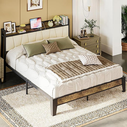 LIKIMIO Queen Bed Frame, Storage Headboard with Charging Station, Solid and Stable, Noise Free, No Box Spring Needed, Easy Assembly (Walnut and Beige)