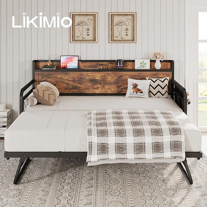 LIKIMIO Twin Daybed with Trundle Bed, Storage Headboard with Charging Station, Sofa Day Bed with Strong Supports for Living Room, Bedroom, and Guest Room, Industrial Brown