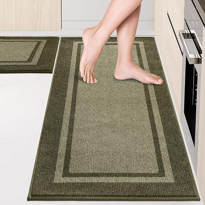 Kitchen Rugs Set (24" x 36"+24" x 60"), Non-Slip Machine Washable Kitchen Runner Rugs, Absorbent Comfort Standing Mats for Kitchen, Laundry and Hallway, Rolled Packaging, Budding Green & Sage Green