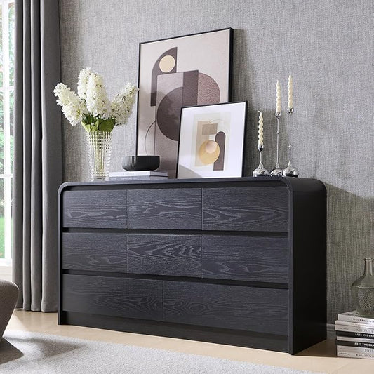 Modern 8 Drawers Dresser for Bedroom, 55" Wide Dressers & Chest of Drawers w/Curved Profile Design, Wood Mid Century Storage Dressers Organizer for Bedroom, Living Room, Black