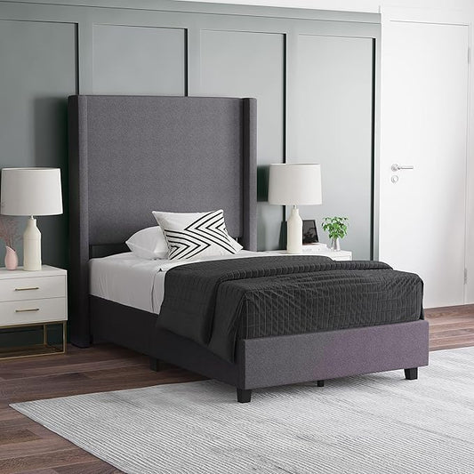 EMMA + OLIVER Nora Twin Size Faux Linen Upholstered Platform Bed with Plush Padded Wingback Headboard (No Box Spring Needed), Modern Upholstered Headboard Twin Bed Frame, Gray
