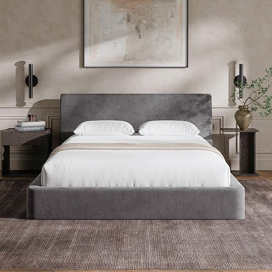 RECCI Cloud Queen Bed Frame with Ergonomic Angled Foam Cushioned Headboard, Minimalist Design Platform Bed Frame, No Box Spring Needed, Easy Assembly (Moon Grey)