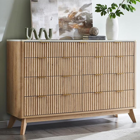 T4TREAM Fluted 9 Drawer Dresser, Modern Chest of Drawers with Faux Marble Top, Curved Profile Design, Dresser TV Stand, Wood Drawer Organizer for Bedroom, Living Room, Hallway, Natural Oak