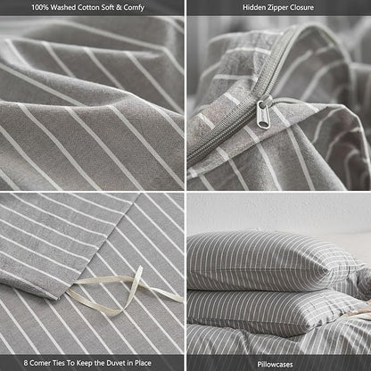 MooMee Striped Duvet Cover Set 100% Washed Cotton Linen Like Textured Breathable Durable Soft Comfy (Light Grey White Wide Stripes, Palatial King/Oversized King 120"x98")