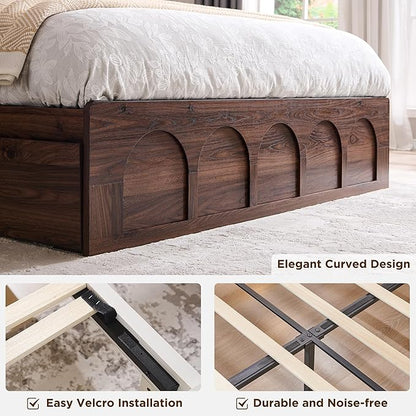 ACCOHOHO Queen Size Bed Frame Modern with 52" Tall Arched Recessed Headboard and 4 Drawers, Solid Wood Slats Support, Wood Platform, Noise Free, No Box Spring Needed, Brown