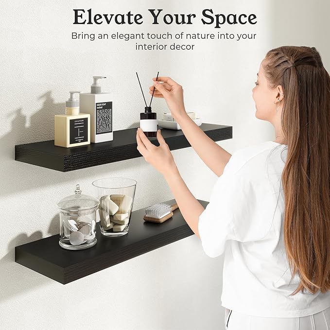Floating Shelves for Wall, 7.9" Deep Wall Mounted Wood Shelves for Bathroom, Bedroom, Living Room, Kitchen, Hanging Shelf for Books/Storage/Room Decor (Black, 16")