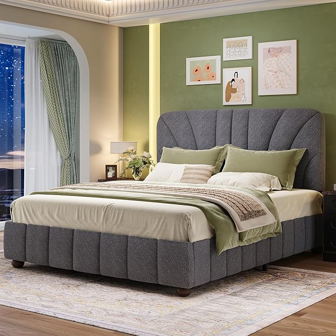 Full Size Boucle Bed Frame Upholstered Bed Frame Full with Adjustable Headboard, Solid Wood Slats Support, Bed for Bedroom Apartment, Dorm, No Box Spring Needed, Easy Assembly, Noise-Free, Grey