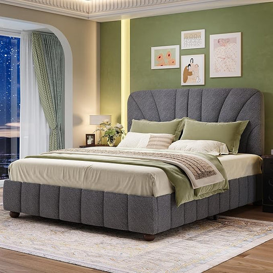 Full Size Boucle Bed Frame Upholstered Bed Frame Full with Adjustable Headboard, Solid Wood Slats Support, Bed for Bedroom Apartment, Dorm, No Box Spring Needed, Easy Assembly, Noise-Free, Grey