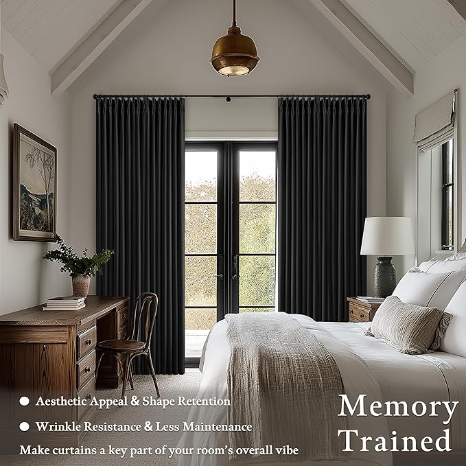Pinch Pleated Blackout Curtains 102 Inches Long for Bedroom 100% Black Out Thick Linen Dual Layer Pinch Pleat Drapes with Back Tab Farmhouse Modern Black 102 Inch Curtain for Dining Living Room