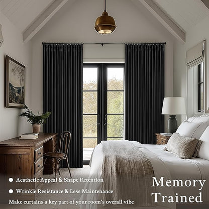 Pinch Pleated Blackout Curtains 102 Inches Long for Bedroom 100% Black Out Thick Linen Dual Layer Pinch Pleat Drapes with Back Tab Farmhouse Modern Black 102 Inch Curtain for Dining Living Room