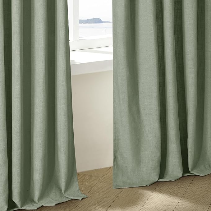 Green Linen Semi Sheer Curtains 90 Inches Long for Living Room Bedroom Light Filtering Sage Green Textured Burlap Pinch Pleated Curtains 90 Length Hooks Rings Back Tab for Sliding Door 2 Panels
