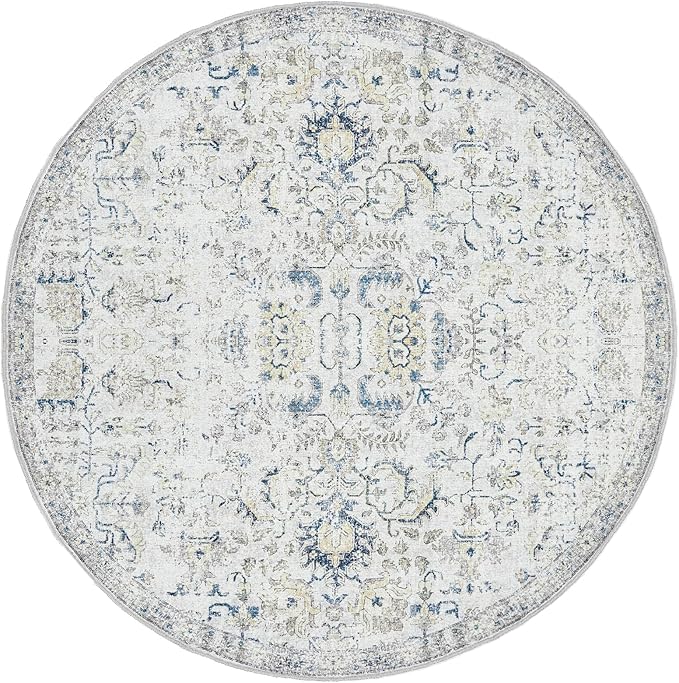 jinchan Kalen Round Rug 4ft Area Rug Washable Vintage Indoor Retro Accent Entryway Floor Cover Distressed Floral 4' Round Circle Boho Non Slip Thin Carpet for Bedroom Living Room Dining Room Blue
