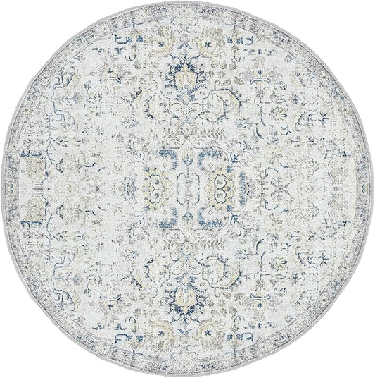 jinchan Kalen Round Rug 4ft Area Rug Washable Vintage Indoor Retro Accent Entryway Floor Cover Distressed Floral 4' Round Circle Boho Non Slip Thin Carpet for Bedroom Living Room Dining Room Blue