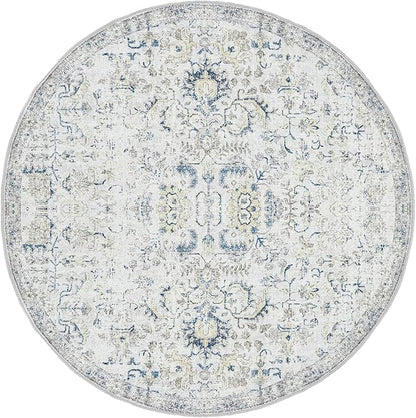 jinchan Kalen Round Rug 6ft Area Rug Washable Vintage Indoor Retro Accent Floor Cover Distressed Floral 6' Round Circle Boho Non Slip Thin Carpet for Living Room Dining Room Bedroom Kitchen Blue
