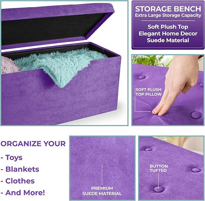 Sorbus Storage Ottoman Bench – Collapsible/Folding Bench Chest with Cover – Perfect Toy and Shoe Chest, Hope Chest, Pouffe Ottoman, Seat, Foot Rest, – Contemporary Faux Suede (Purple)
