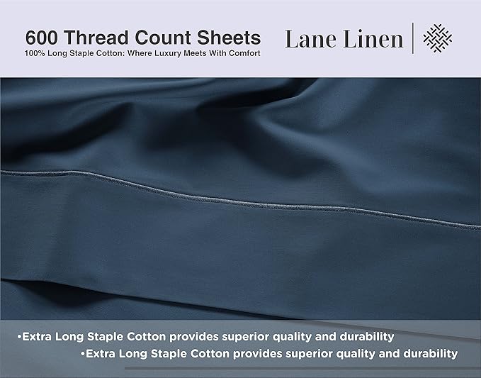 LANE LINEN King Bed Sheets – 600 Thread Count Long-Staple 100% Cotton King Size Bed Sheets, Hotel Luxury Soft Silky Sateen Weave, Durable for Daily Use, Fully Elasticized 15" Deep Pocket – Denim